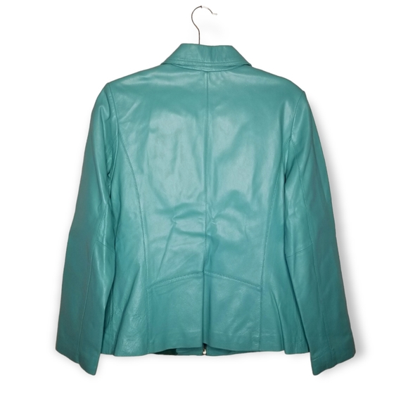 •SOLD• 90s Y2K turquoise leather jacket zip front fitted Colebrook M - Picture 2 of 6